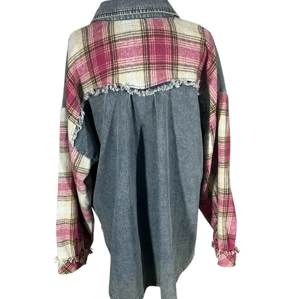 Umgee Boho Oversized Baggy Distressed Fringe Washed Denim & Plaid Shacket Sz M